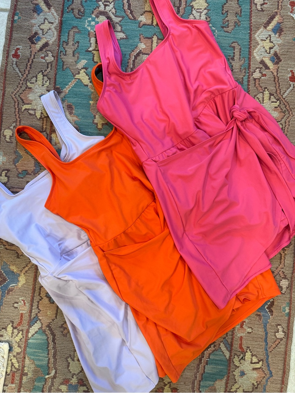 Old Navy women’s One-Piece Swim Dress in Pink, Orange, and Lavender